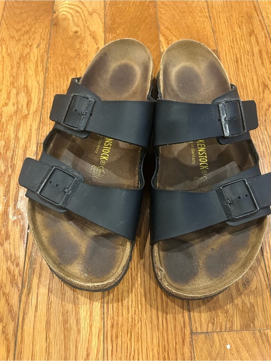 Birkenstock Arizona Sandals Men\'s 45 Black Leather Two Strap Slide Footbed main image 4